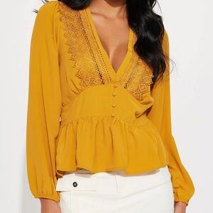 Women's Mustard Lace V-Neck Blouse